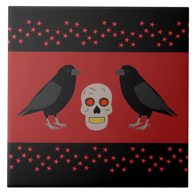 Gothic Skull and Guardian Ravens Halloween Ceramic Tile (Front)
