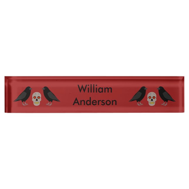 Gothic Skull and Guardian Ravens Halloween Custom Desk Name Plate (Front)