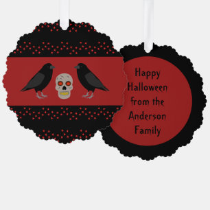 Gothic Skull and Guardian Ravens Halloween Custom Ornament Card