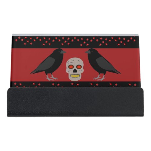 Gothic Skull and Guardian Ravens Halloween Desk Business Card Holder
