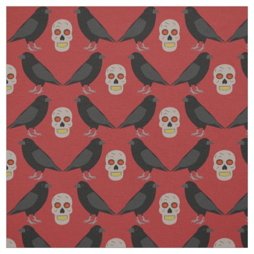 Gothic Skull and Guardian Ravens Halloween Fabric