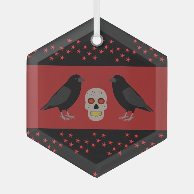 Gothic Skull and Guardian Ravens Halloween Glass Ornament (Front)