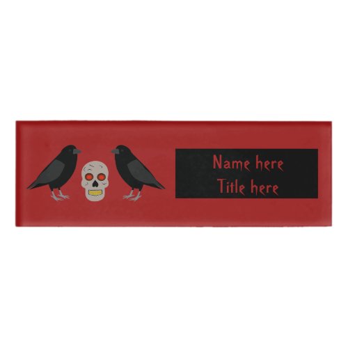 Gothic Skull and Guardian Ravens Halloween Name Tag