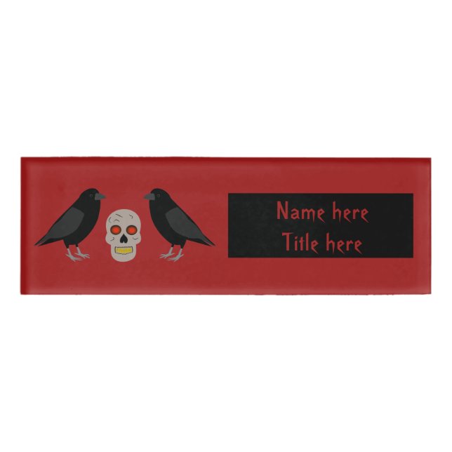 Gothic Skull and Guardian Ravens Halloween Name Tag (Front)