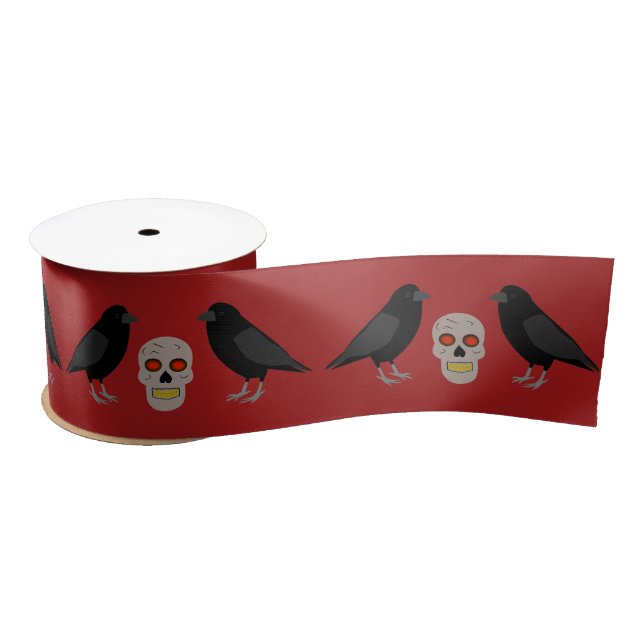 Gothic Skull and Guardian Ravens Halloween Satin Ribbon (Spool)