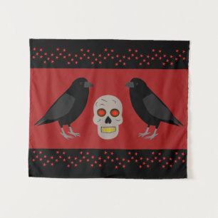 Gothic Skull and Guardian Ravens Halloween Tapestry