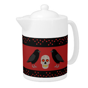 Gothic Skull and Guardian Ravens Halloween Teapot