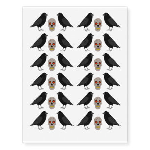 Gothic Skull and Guardian Ravens Halloween Temporary Tattoos