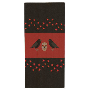 Gothic Skull and Guardian Ravens Halloween Wood Flash Drive