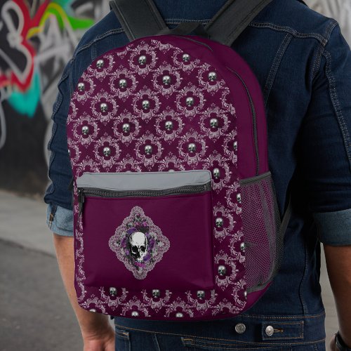 Gothic Skull and Lace Damask Gray Purple Eggplant Printed Backpack