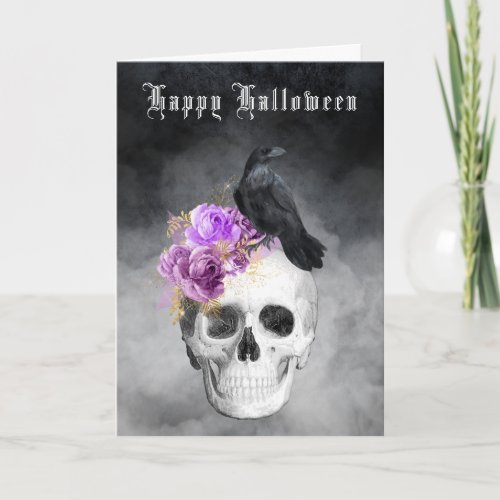 Gothic Skull and Raven Halloween Holiday Card