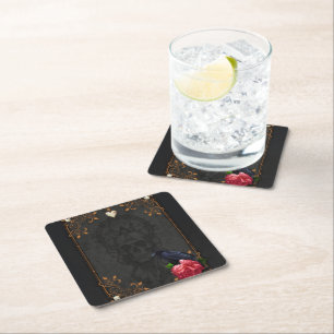 Gothic Skull and Raven.  Square Paper Coaster