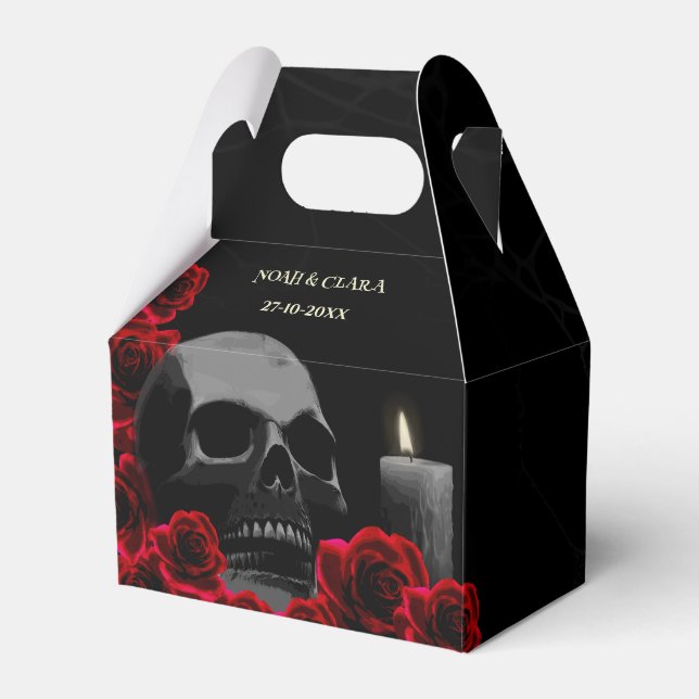 Gothic Skull and Red Roses Halloween Wedding Favor Boxes (Front Side)