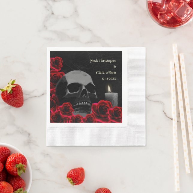 Gothic Skull and Red Roses Halloween Wedding Napkins (Insitu)
