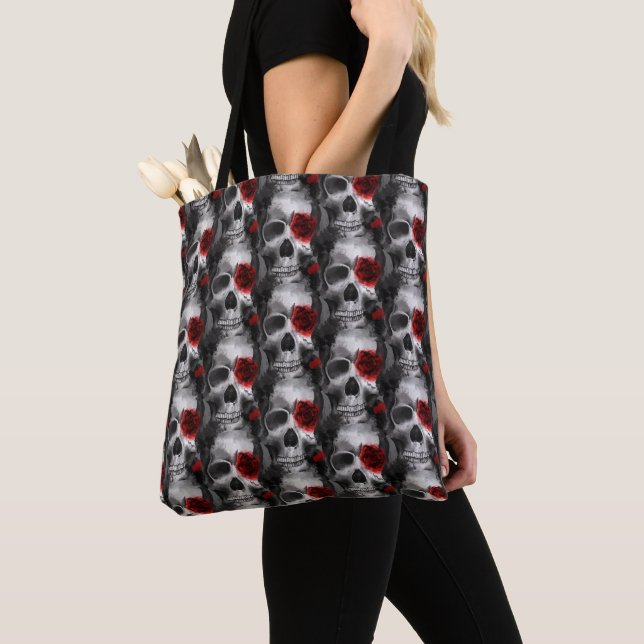 Gothic Skull and Red Roses Tote Bag (Close Up)