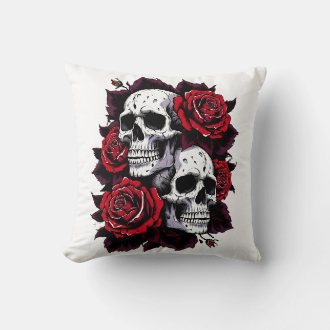 Gothic Skull and Rose Motif Throw Pillow (Front)