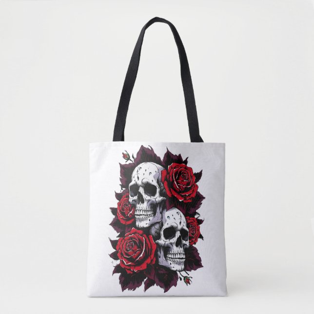 Gothic Skull and Rose Motif Tote Bag (Front)