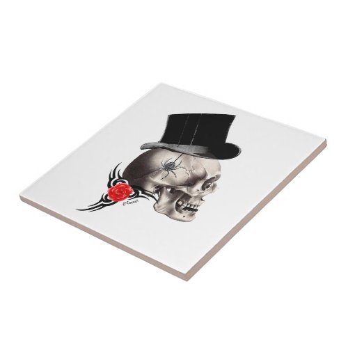 Gothic skull and rose tattoo style ceramic tile