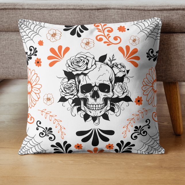Gothic Skull and Roses Halloween Floral Throw Throw Pillow (Creator Uploaded)