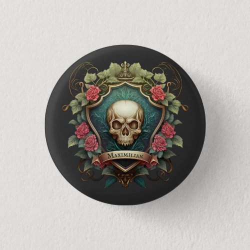 Gothic Skull And Roses Ornament Shield Design Button