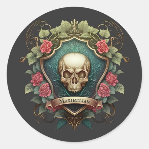 Gothic Skull And Roses Ornament Shield Design Classic Round Sticker