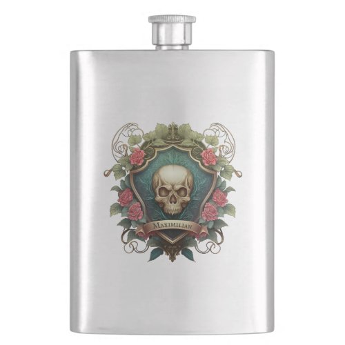 Gothic Skull And Roses Ornament Shield Design Flask