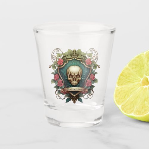 Gothic Skull And Roses Ornament Shield Design Shot Glass