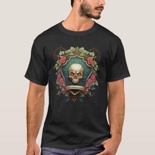 Gothic Skull And Roses Ornament Shield Design T_Shirt