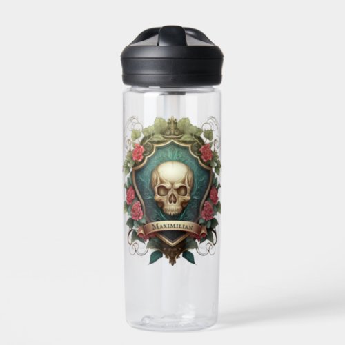 Gothic Skull And Roses Ornament Shield Design Water Bottle