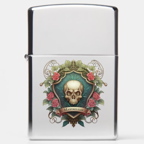 Gothic Skull And Roses Ornament Shield Design Zippo Lighter