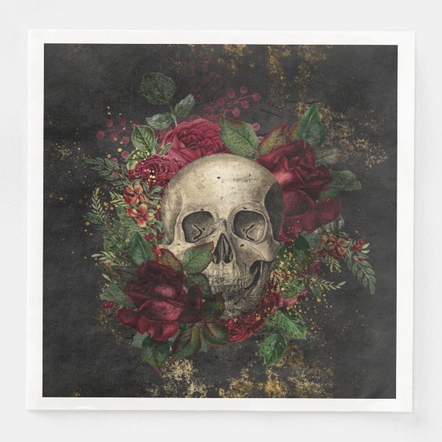 Gothic Skull And Roses Paper Dinner Napkins (Front)