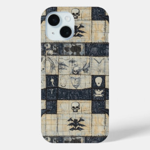Gothic Skull & Bat Denim Collage iPhone 15 Case