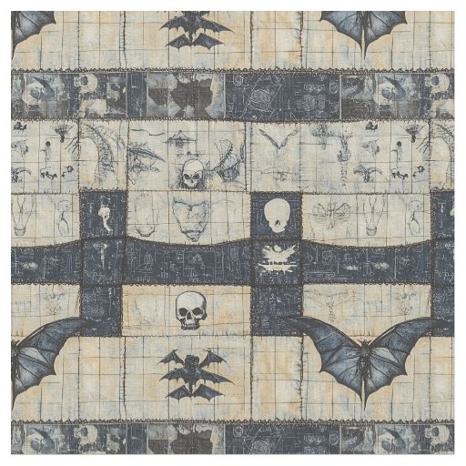Gothic Skull & Bat Denim Collage Fabric