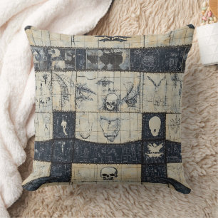 Gothic Skull & Bat Denim Collage Throw Pillow