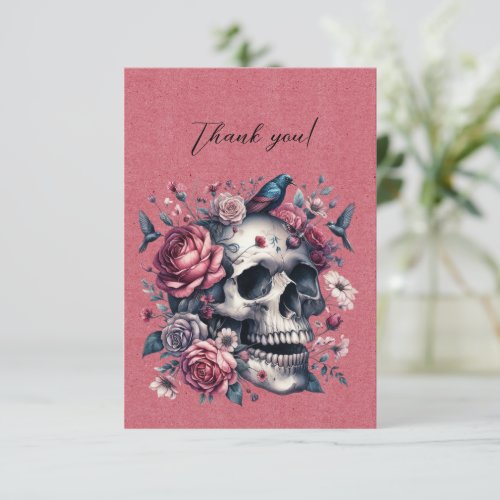 Gothic Skull Birds Flowers On Rose Red Thank You