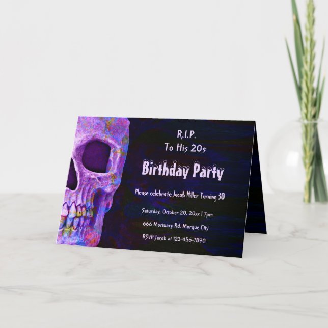 Gothic Skull Birthday Party Purple RIP To His 20s Invitation (Front)