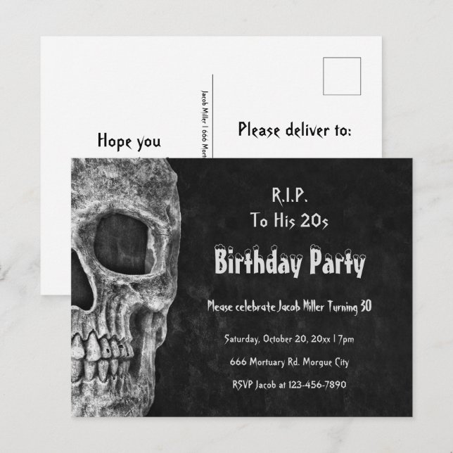 Gothic Skull Birthday Party RIP To His 20s Invitation Postcard (Front/Back)