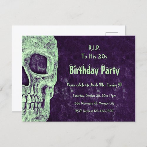 Gothic Skull Birthday Purple Green RIP To His 20s Invitation Postcard