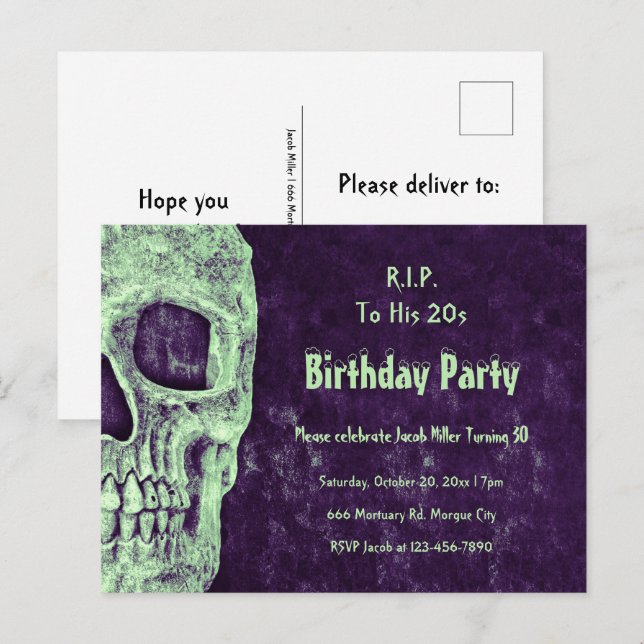 Gothic Skull Birthday Purple Green RIP To His 20s Invitation Postcard (Front/Back)