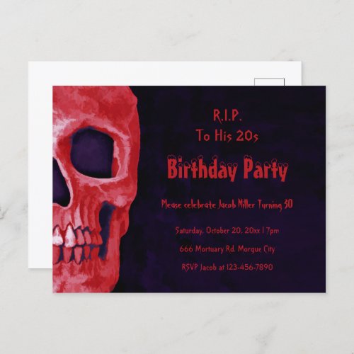 Gothic Skull Birthday Red Black RIP To His 20 Invitation Postcard