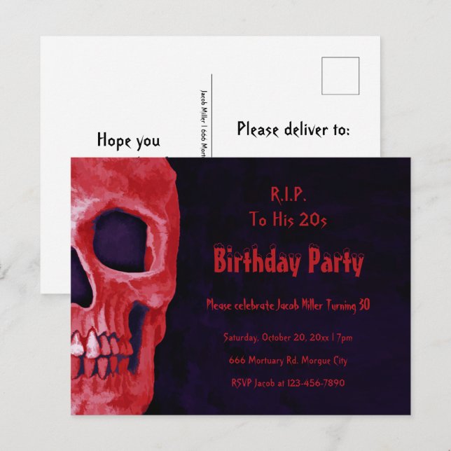 Gothic Skull Birthday Red Black RIP To His 20 Invitation Postcard (Front/Back)