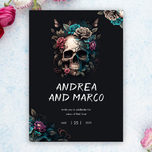 Gothic Skull Black and Purple Rock and Roll Weddin Invitation
