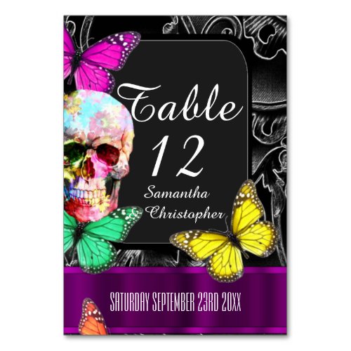 Gothic skull black and purple wedding table number
