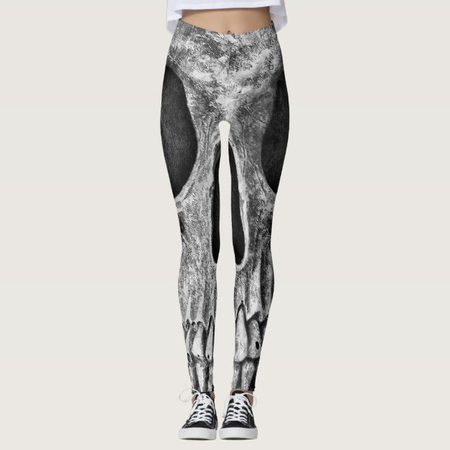 Gothic Skull Black And White Grunge Cool Leggings (Front)