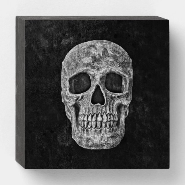 Gothic Skull Black And White Grunge Cool Wooden Box Sign (Front Horizontal)