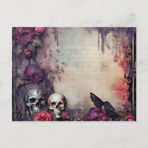 Gothic Skull Black Butterfly Flowers Halloween Holiday Postcard