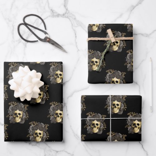 Gothic Skull Black  Gold Glitter Roses          Wrapping Paper Sheets