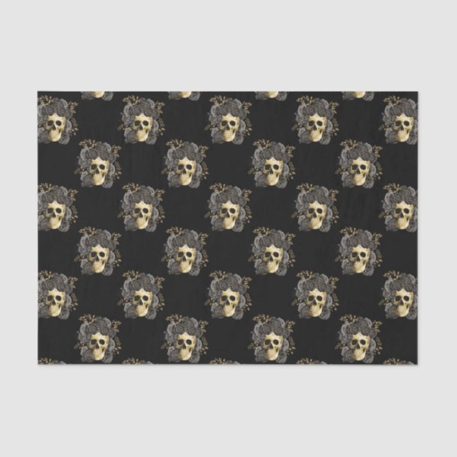 Gothic Skull Black & Gold Roses Glitter   Tissue Paper (Front)