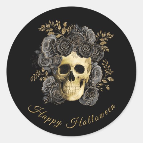 Gothic Skull Black  Gold Roses Halloween  Classic Round Sticker