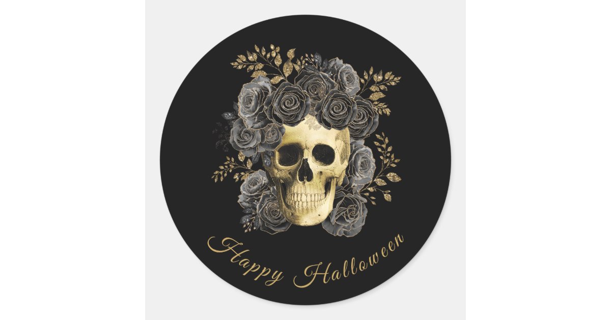 Gothic Skull Black & Gold Roses Halloween Classic Round Sticker | Zazzle